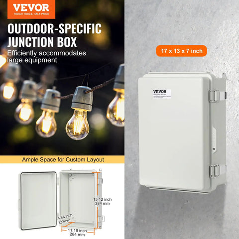 Rugged Weather Resistant Junction Box With Hinged Lid And Stainless Steel Lock ABS Plastic Enclosure IP67 Dust And Waterproof Large 16.93 x 12.99 x 7.09 Inch Interior For Wiring And Electrical Components, 17 x 13 x 7 inch white enclosure on wall
