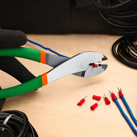 Pro Grade Electrician Terminal Crimp Pliers With Cutter for 10 to 22 AWG Wire Durable Cable Crimp Tool in use with wires