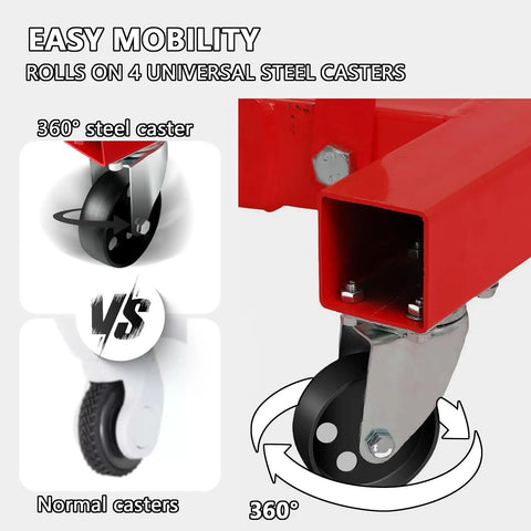 Rock Solid Engine Hoist And Folding Hydraulic Crane Featuring Six Low Friction Casters showing 360° steel caster mobility and comparison.