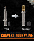 Image showing Brass No Fuss Presta To Schrader Valve Adapters Set Pack Of 5 With 10 Caps For Bikes, E-Bikes, And E-Scooters.