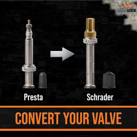 Image showing Brass No Fuss Presta To Schrader Valve Adapters Set Pack Of 5 With 10 Caps For Bikes, E-Bikes, And E-Scooters.