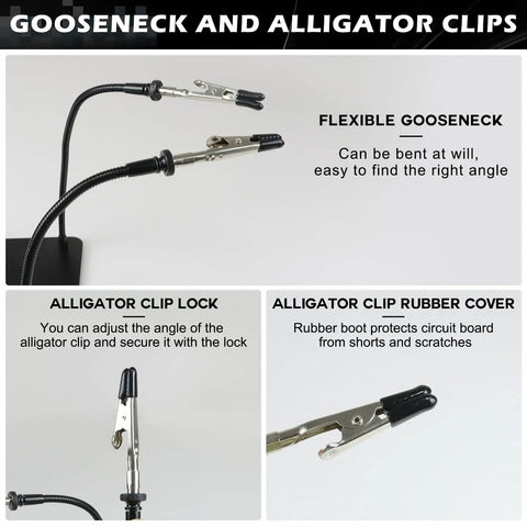 Helping Hands Soldering Station Kit With Four Flexible Arms And Gooseneck showing alligator clips and rubber protection