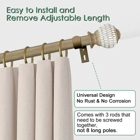Heavy Duty Adjustable Curtain Rod Kit 16 To 144 Inch 1 Inch Diameter With Wood Grain Leaf Pattern Finials Nine Piece Interlocking