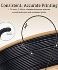 Black TPU Filament 1.75mm 250g For 3D Printers, showcasing smooth flow and 0.03mm precision, ideal for flexible parts.