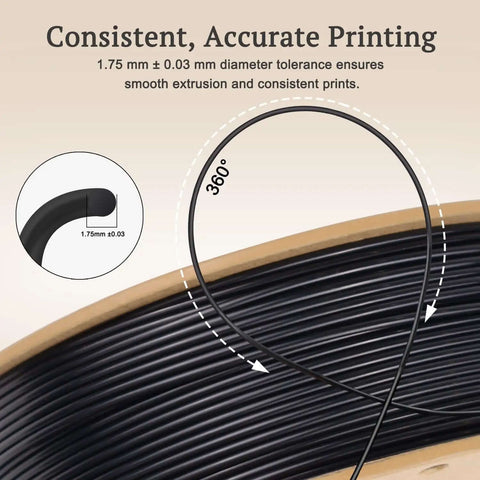 Black TPU Filament 1.75mm 250g For 3D Printers, showcasing smooth flow and 0.03mm precision, ideal for flexible parts.