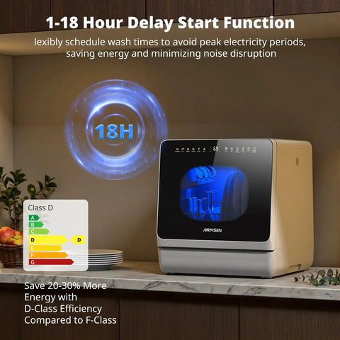 Compact Countertop Dishwasher With Built In Water Tank And Softener, Slap Sticky Pots Inside And Let Eight Flex Cycle Settings Work Their Magic, showcasing 18-hour delay start timer and energy efficiency rating.