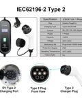 Level 2 220V Fast Charge EV Charger With Type 2 Connector, 5M Type 1 GBT Cord, display with specifications and connectors