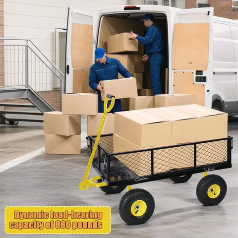 Heavy Duty Garden Cart With Removable Sides 1100 Pound Capacity Utility Wagon transporting boxes near a delivery van.