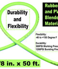 Heavy Duty Hybrid Air Hose Built To Last Three Eighths Inch By Fifty Feet Flexible And Lightweight No Kink Design With One Quarter Inch Industrial Quick Coupler Fittings Bend Restrictors For All Weather Use Green And Blue showcasing durability and flexibility details.