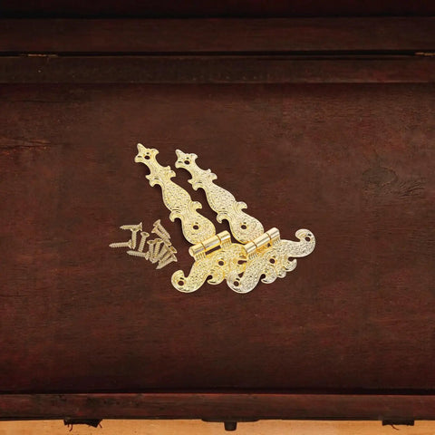 Set Of 2 Vintage Zinc Alloy Door Hinges Beefy Heavy Duty Decorative Box Hinges in gold finish with screws on wood surface