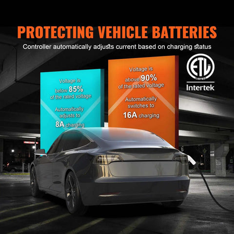 Electric vehicle charging with Level 1 And Level 2 Portable EV Charger with Plug-And-Play 28-Foot Cable under ETL safety standards.