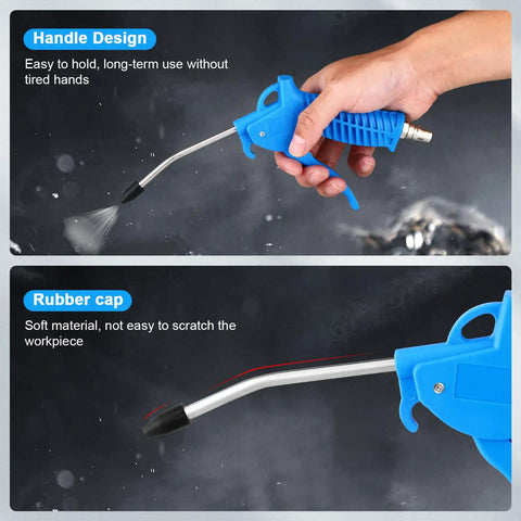 Close-up of High Flow Air Blower Gun With Rubber Tip 8 Pc Nozzle Set showing ergonomic handle design and rubber tip for safe use.