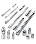Ultimate 16-Inch Chrome Socket Extension Kit With 4 Adapters And 3 Universal Joints For 1/4 3/8 And 1/2 Inch Drive Auto Garage Repair Projects That Hit The Spot, chrome steel set laid out