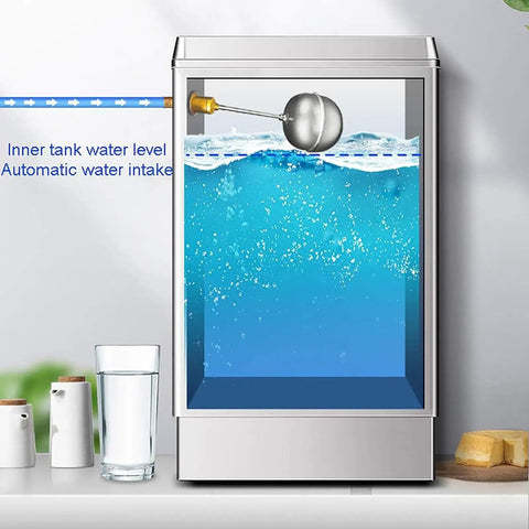 30 Liter Commercial Water Boiler With Auto Refill And Dual Filtration, showing the inner tank water level and automatic water intake.