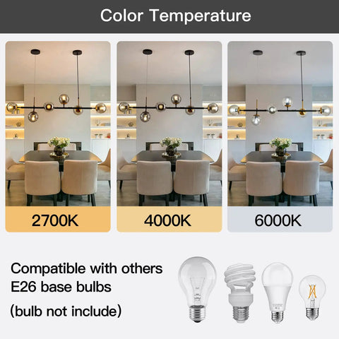 Color temperature options for Mid-Century Glass Globe Pendant Light Fixture In Black And Gold, E26 compatible bulbs not included
