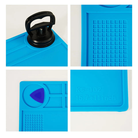 Anti Static Mat Kit For Electronics And Computer Repair With Esd Wrist Strap Grounding Wire And Grounding Plug 15.7in By 11in Heat Resistant Soldering Pad Kaisiking Pro Grade Esd Accessories For Safer Component Handling And Flawless Rework showing close-up details of blue silicone mat design and screw holder.