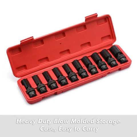 Three Eighths Inch Drive Deep And Standard Universal Impact Socket Set, 6 Point, CR-MO Steel, 10-19mm, in red case, 10 Pieces