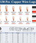 Copper Wire Lugs Assortment Kit With 130Pcs AWG 2 4 6 8 10 12 Battery Cable Ends 66Pcs Heat Shrink Tubing Chart