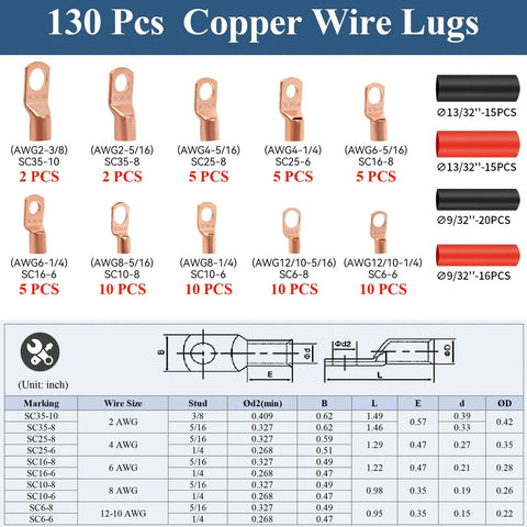 Copper Wire Lugs Assortment Kit With 130Pcs AWG 2 4 6 8 10 12 Battery Cable Ends 66Pcs Heat Shrink Tubing Chart