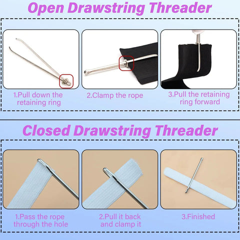 Instructions showing how to use 4 Pack Metal Drawstring Threaders For Easy Quick Insertion In Sweatpants, Hoodies, And Swim Trunks