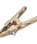Heavy Duty Ground Clamp Wrench 600 Amp High Conductivity Brass Welding And Cutting Ground Hook Clip from an angled view, showcasing brass material and design.