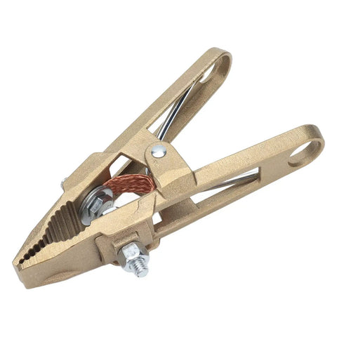 Heavy Duty Ground Clamp Wrench 600 Amp High Conductivity Brass Welding And Cutting Ground Hook Clip from an angled view, showcasing brass material and design.