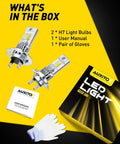 H7 Led Headlight Bulbs Pair 50000 Lumen 6500K Cool White 60000 Hour Lifespan Plug And Play Automotive Lighting Kit For Domestic Cars, includes 2 bulbs, manual, gloves.