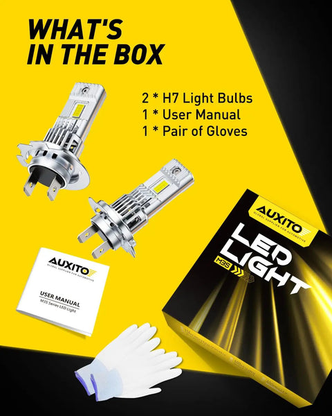 H7 Led Headlight Bulbs Pair 50000 Lumen 6500K Cool White 60000 Hour Lifespan Plug And Play Automotive Lighting Kit For Domestic Cars, includes 2 bulbs, manual, gloves.