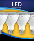 Packaging of LED Indoor Floodlight Bulbs 10 Watt Equivalent To 65 Watt Soft White BR30 Dimmable With Medium Base Four Pack