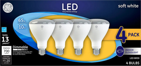 Packaging of LED Indoor Floodlight Bulbs 10 Watt Equivalent To 65 Watt Soft White BR30 Dimmable With Medium Base Four Pack