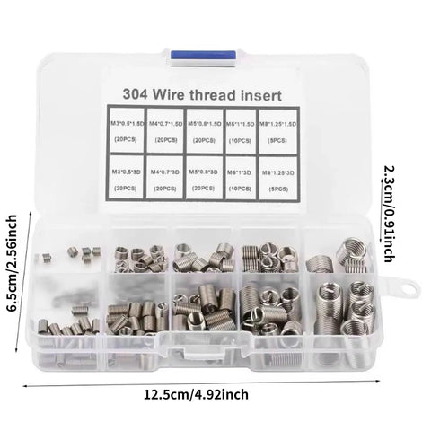 Open box of 150-Piece 304 Stainless Steel Helical Thread Insert Kit For Metal Thread Repair, Assorted M3 to M12 Coil Inserts
