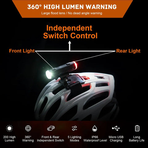 All In One 2 In 1 Rechargeable Helmet Light with Bracket Mount on Bike Helmet, Front and Rear 360 Degree Light, IP66 Waterproof