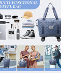 Rolling duffel bag with wheels in blue checkerboard fabric; expandable carry-on luggage.