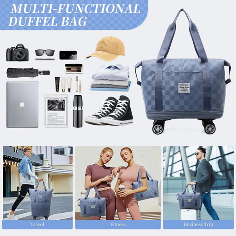 Rolling duffel bag with wheels in blue checkerboard fabric; expandable carry-on luggage.