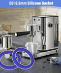 Blue E61 8.5mm Silicone Gasket for Espresso Machines shown in kitchen setting with stainless steel espresso machine.