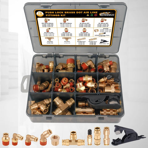 Front view of CheeMuii 76-Piece brass DOT air-line fittings kit in plastic case; push-to-connect NPT air hose fittings