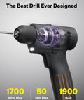 Close-up of 16V brushless drill from 25 Piece Household Tool Kit With 16V Brushless Drill, Three Eighths Inch Keyless Chuck, Smart Display And 50 Nm Torque, 32 Settings, LED Light, Hammer, Wrench, Pliers, Drill Bits And Bit Tips For Home Repairs showing keyless chuck and smart display.