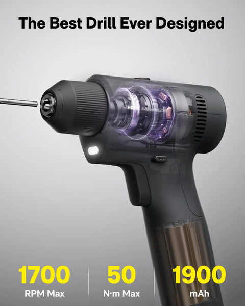 Close-up of 16V brushless drill from 25 Piece Household Tool Kit With 16V Brushless Drill, Three Eighths Inch Keyless Chuck, Smart Display And 50 Nm Torque, 32 Settings, LED Light, Hammer, Wrench, Pliers, Drill Bits And Bit Tips For Home Repairs showing keyless chuck and smart display.