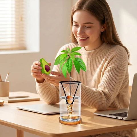All-In-One Avocado Seed Starter Kit With Glass Vase, Bamboo Base, Rustproof Metal Stand, Cleaning Brush And Decorative Avocado Ornament No Seed Included, Easy Germination In 1 To 2 Months, Totally Giftable For Plant Lovers On Your Desk Or Home Garden