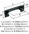 Matte Black Cup Pull Cabinet Hardware 3 Inch and 3-3/4 Inch Center-to-Center Distances 76mm and 96mm product dimensions.