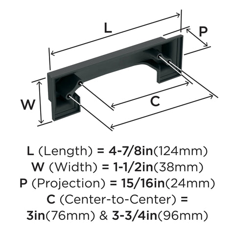 Matte Black Cup Pull Cabinet Hardware 3 Inch and 3-3/4 Inch Center-to-Center Distances 76mm and 96mm product dimensions.