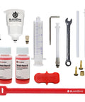 Hydraulic Brake Bleeding Kit For Tektro And TRP Brakes With 120ml Mineral Oil 5.5mm Olive Insert Funnel Adapter Mountain Bike Brake Bleed Tool Set That Makes Quick Clean Bleeds Easy, showing complete tool set and 120ml oil bottles on white background