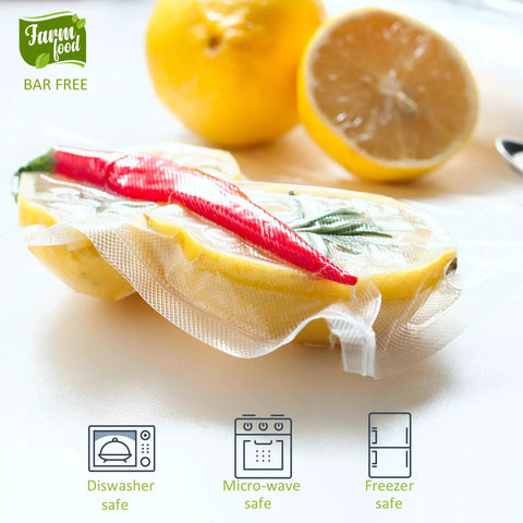 Heavy Duty Vacuum Sealer Bags Set Featuring Two Handy Sizes 11x20 And 8x20 Inches filled with lemon and herbs