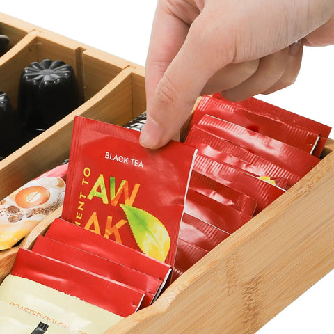 Two Pack K Cup Drawer Organizer Tray Made From Natural Bamboo With Adjustable Dividers To Separate Coffee Pods Tea Bags