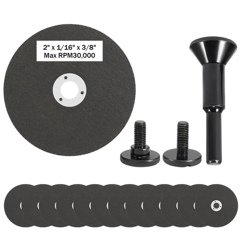 2 Inch Die Grinder Cut Off Wheel Set, 15 Pack Metal Cutting Discs With 3/8 Inch Center Hole, Metal Arbor And 1/4 Inch Shank, Fast, Clean Cuts Through Steel Bronze Brass Nuts Bolts Screws, Up To 3000 RPM, Aluminum Oxide And Silicon Carbide with visible discs and shank
