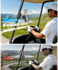 Golfer using Double Fold Golf Cart Phone Holder Mount With 1 Second Lock Release Magnetic Caddy on cart steering.