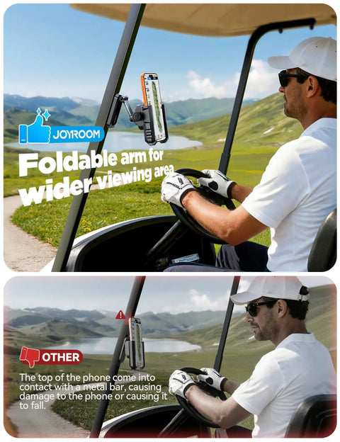 Golfer using Double Fold Golf Cart Phone Holder Mount With 1 Second Lock Release Magnetic Caddy on cart steering.