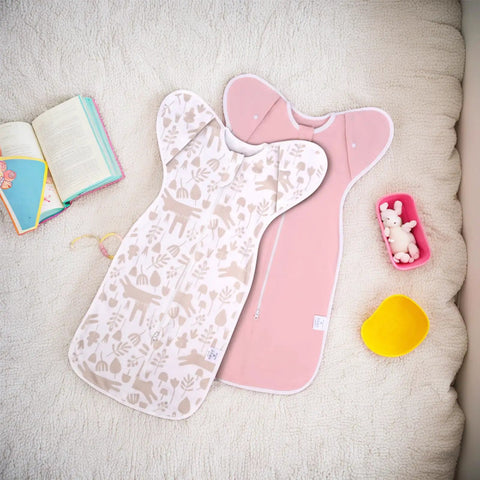Arms Up Newborn Swaddle Sleep Bag 0-3 Months, breathable pink bunny swaddles, removable cuffs, 2-way zipper, 2-pack