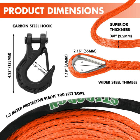 3/8 Inch Synthetic Winch Rope 100 Ft Dyneema Heavy Duty Cable With Protective Sleeve And Forged Hook 23809 Lbs