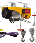 Electric Hoist 1320 Lbs Winch With Remote Control 110V Lift System, showing size details and durable steel frame with hooks.